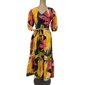 Maude Vivante Maxi Dress Molly 100% Cotton Yellow Floral V-neck Tiered Skirt XS